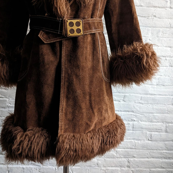 70s Vintage Brown Suede Penny Lane Afghan Coat Fur Furry Groovy Boho Chic Jacket - Picture 8 of 9